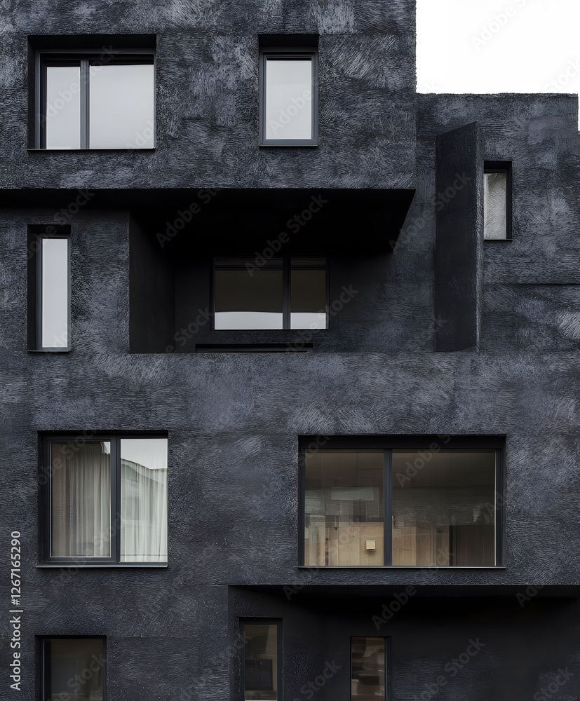 Poster a modern, dark-hued building with various window styles, showcasing a minimalist and textured exteri