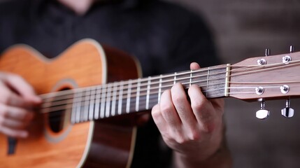 Man playing acoustic guitar, close-up, music, indoor studio