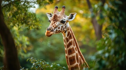 Majestic giraffe standing amidst lush greenery in a vibrant forest setting.