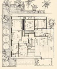 A detailed architectural floor plan showcasing various rooms, layout, and surrounding landscaping elements