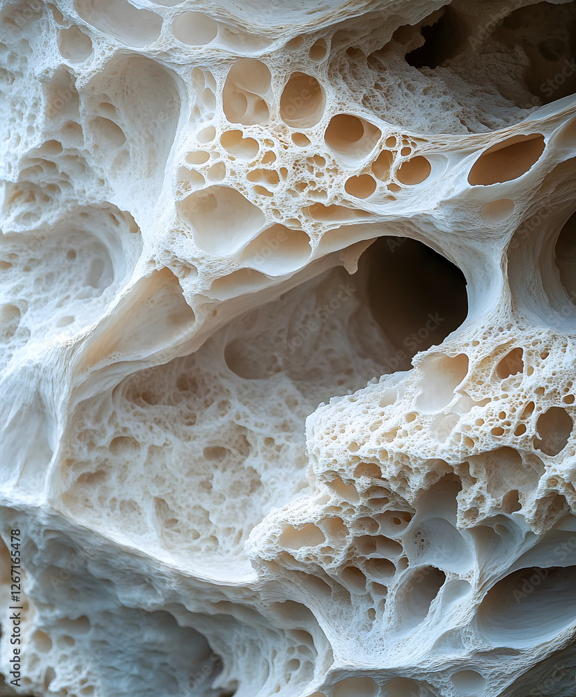 Poster intricate close-up of porous stone with unique textures and patterns, showcasing natural formations 