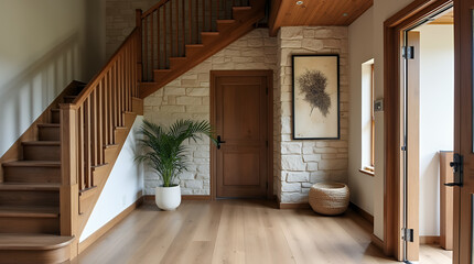 Wooden staircase and stone cladding wall in rustic hallway. Cozy home interior design of modern entrance hall with door.
