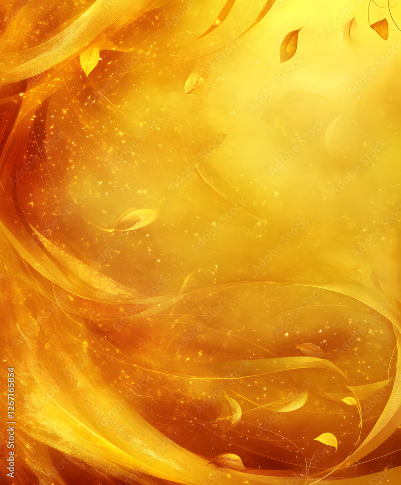 Poster a vibrant golden swirl with delicate floating elements, evoking warmth and energy, ideal for backgro