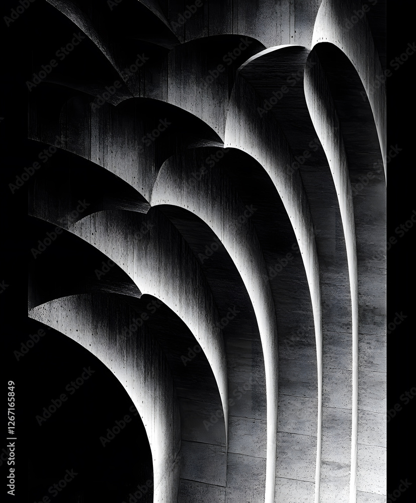 Poster A captivating monochrome image showcasing a series of elegant, curved architectural forms with striking light and shadow patterns