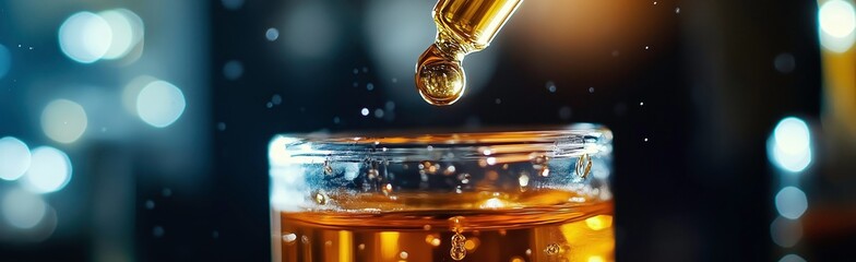 Golden Hour: A single golden drop of liquid falls into a glass, creating a mesmerizing splash of golden liquid against a backdrop of blurred, vibrant bokeh lights.