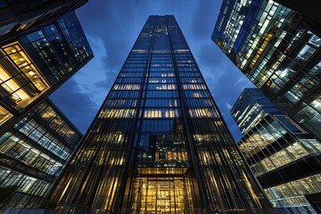 Modern Skyscrapers at Night: City Architecture Illuminates the Evening Sky with Stunning Glass Reflections
