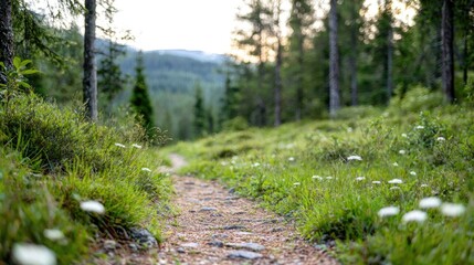 Obraz premium Forest path in a meadow at sunrise. Possible use stock photo of nature