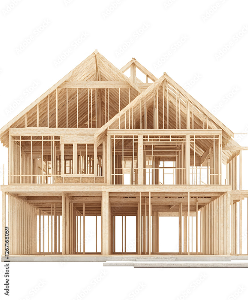 Poster a wooden house frame showcases structural elements, highlighting the architectural design and constr