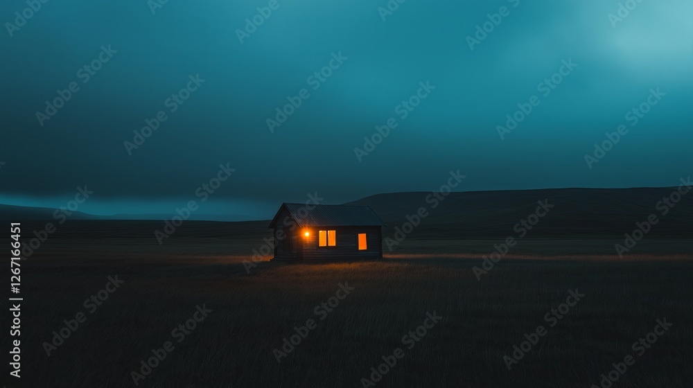 Poster A small, isolated cabin with a single light in a vast open field