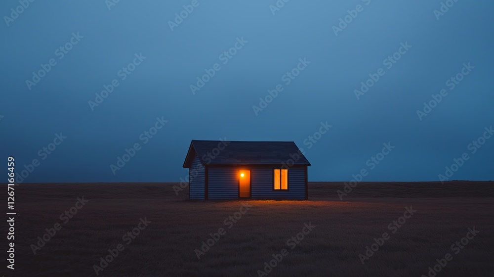 Poster A small, isolated cabin with a single light in a vast open field