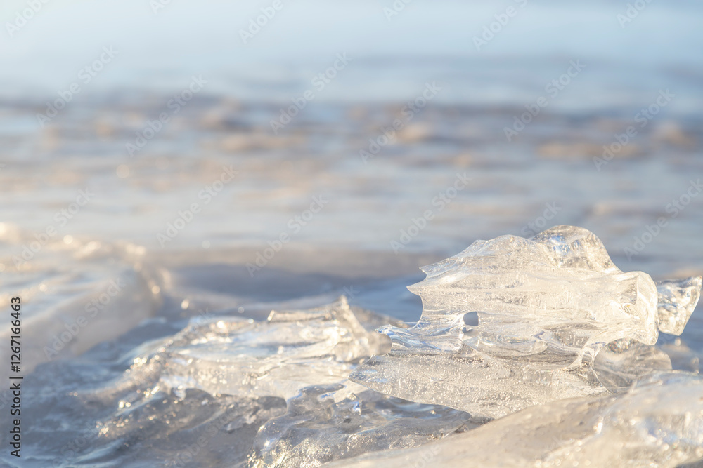Poster close-up of an abstract shape of ice on frozen lake on a sunny day in winter. good as a natural wint