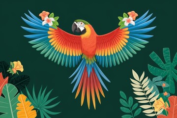 Vibrant Macaw with Tropical Flowers and Lush Leaves