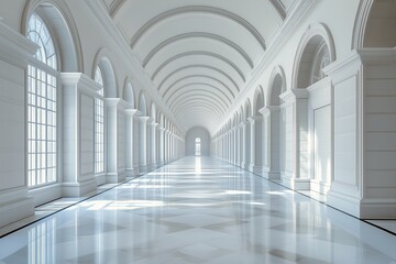 Elegant interior corridor with arched ceilings and bright lighting in a spacious building