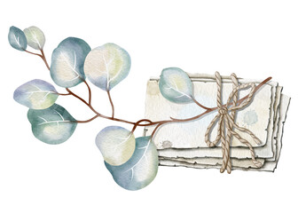 Vintage watercolor illustration of eucalyptus branch and bundle of letters wrapped with rope. Suitable for wedding invitations, greeting cards, rustic decor, elegant design for nature-themed marketing