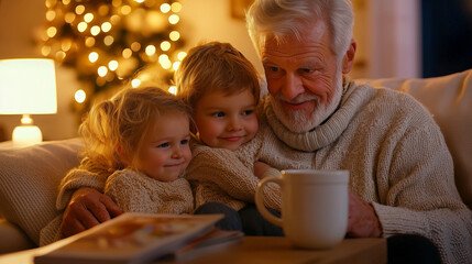 Cozy family moment in a living room with grandkids and grandfather
