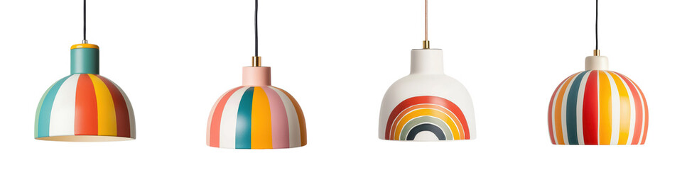 Vibrant and dynamic display of modern retro style pendant lamps in a variety of bold geometric...