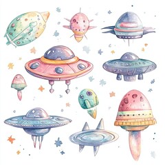 Watercolor UFOs Design Isolated on White Background for Print and Web