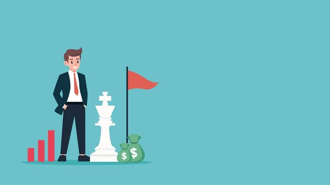 animated Business strategy concept. Chess game. Big chess pieces and small people work in data analysis, strategic planning and successful business. 