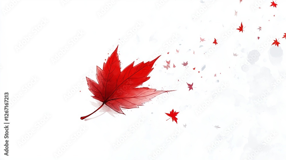 Poster A white background with a lone red maple leaf floating in the air.