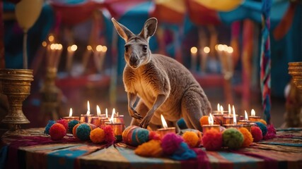 A kangaroo surrounded by candles and colorful decorations in a festive setting.
