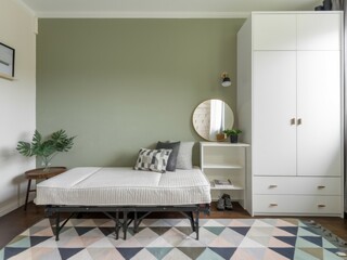 Cozy Sage Green Bedroom with Folding Sofa Bed and White Wardrobe