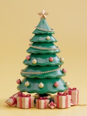Festive 3D Christmas Tree with Gifts on Pastel Background
