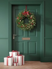Christmas Decorated Door with Gifts, Festive and Welcoming