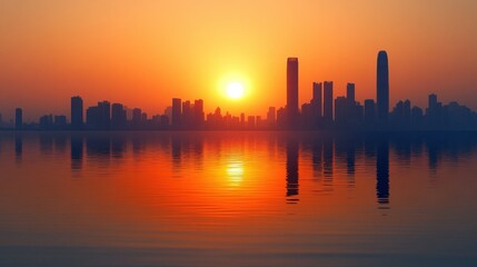 City skyline reflecting in calm water at sunset