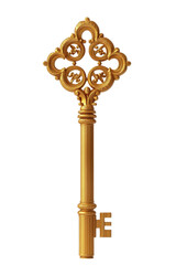 Isolated Vintage Golden Key with Heraldic Motifs