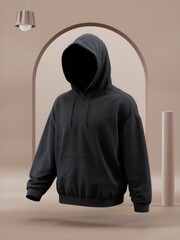 Blank black hoodie is presented in a modern, minimalist studio setting.