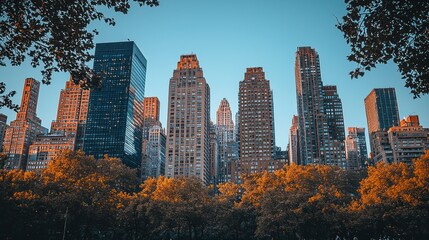 Fototapeta premium City skyline at sunset viewed through autumn foliage in urban park