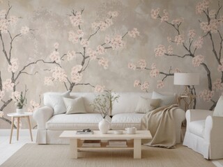 Elegant Living Room with Delicate Cherry Blossom Wallpaper
