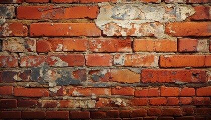 A brick wall with patches of peeling paint and rust stains spreading across the surface background