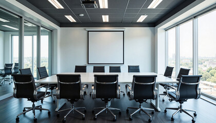 Modern conference room with large table and chairs