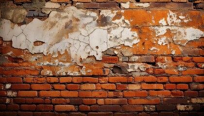 A brick wall with patches of peeling paint and rust stains spreading across the surface background