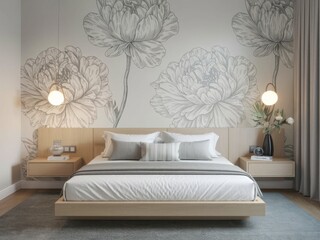 Elegant Bedroom with Floral Wallpaper and Light Wood Accents
