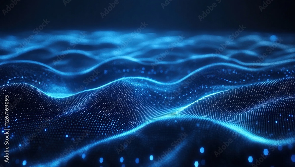 Poster digital waves: abstract blue particle flow visualization, dynamic data simulation with glowing effec