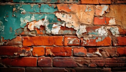 A brick wall with patches of peeling paint and rust stains spreading across the surface background