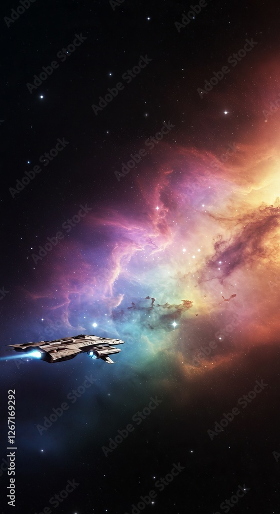 Poster spaceship navigating vibrant nebula in deep space