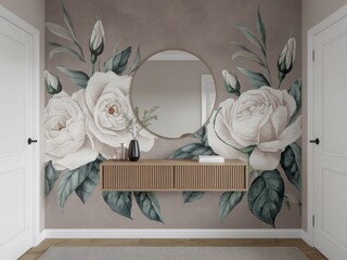 Elegant Floral Wallpaper Design with White Roses in a Beige Entryway