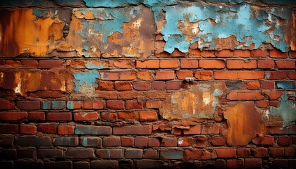 A brick wall with patches of peeling paint and rust stains spreading across the surface background
