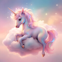 Fototapeta premium Enchanting Unicorn on a Fluffy Cloud: A Magical Fantasy Illustration with Pastel Colors and Sparkling Details. A baby unicorn sitting on a cloud.