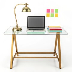 Modern Glass Frame Desk with Laptop and Lamp