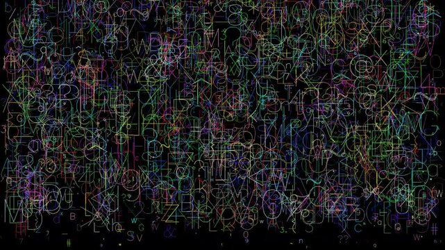 alphanumeric characters floating and bouncing off the edges of the screen with random speed and color on black
