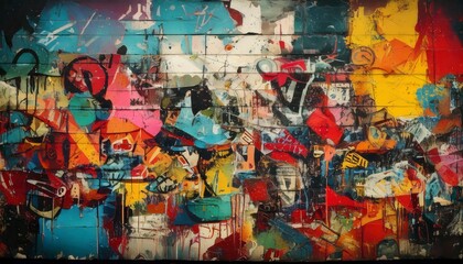 A chaotic and colorful graffiti collage with overlapping tags, stencil designs, and splatte baackground