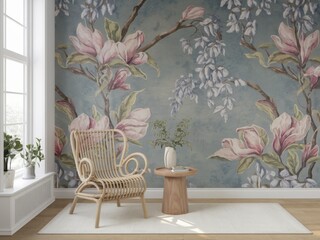 Charming living room with floral wallpaper featuring magnolias and wisteria.