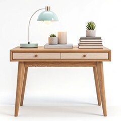 Stylish Light Oak Desk with Mint Green Lamp and Decor