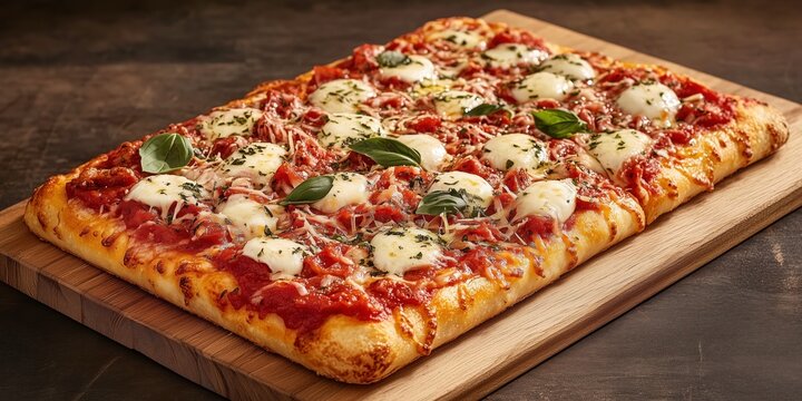 Roman Style Pizza: A delicious rectangular pizza, topped with rich tomato sauce, melted mozzarella cheese, and fresh basil leaves, sits on a rustic wooden board.
