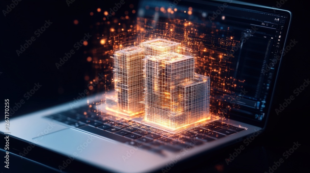 Poster laptop displaying holographic 3d building model with glowing architectural design on screen