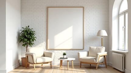 Minimalist living room, white brick walls, arched window, modern interior design